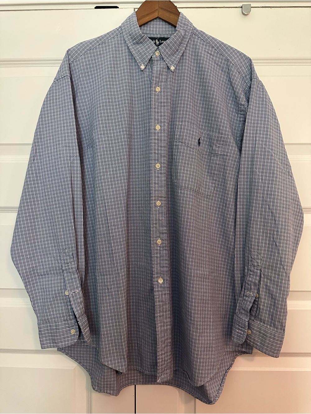 Ralph Lauren Navy/White Micro-Check Button-Down Shirt, L, “Big Shirt”, cotton